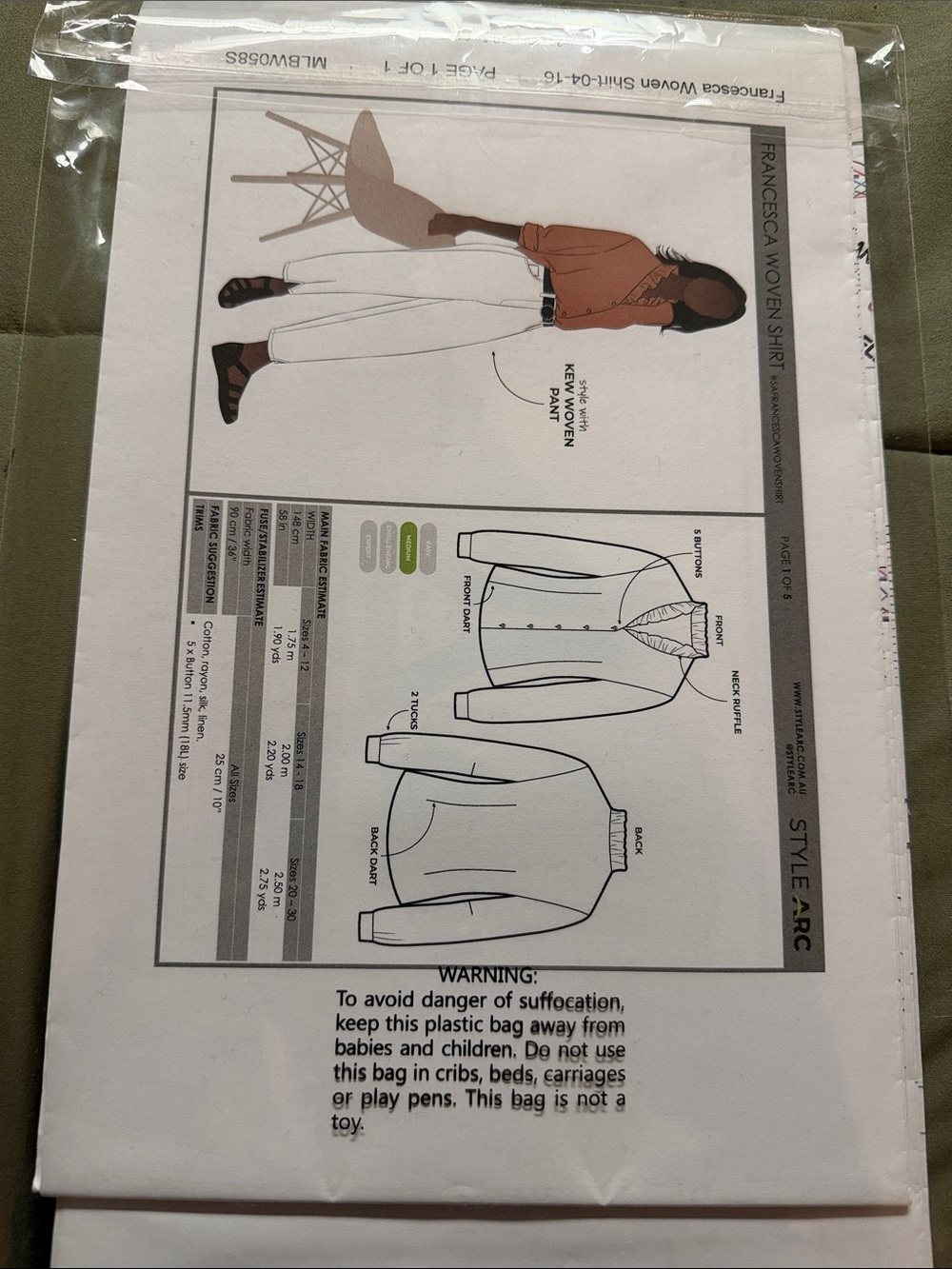 Francesca Women’s Shirt Paper Pattern by Style Arc